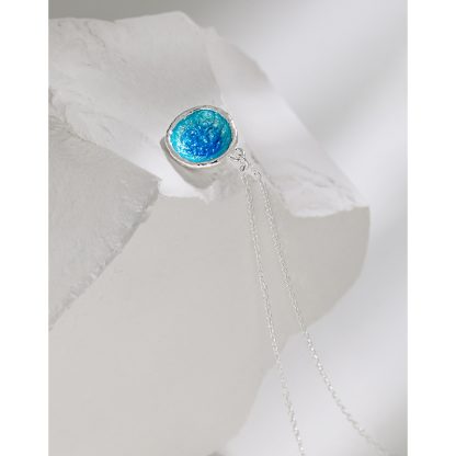 Ocean Series Blue Enamel Irregular Round 925 Sterling Silver Pendant Necklace