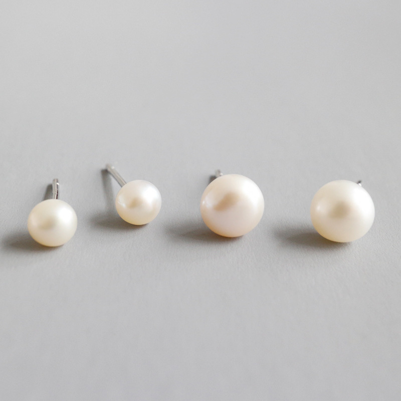 Elegant Minimalist Geometric Design Natural Freshwater Pearl 925 Sterling Silver Stud Earrings