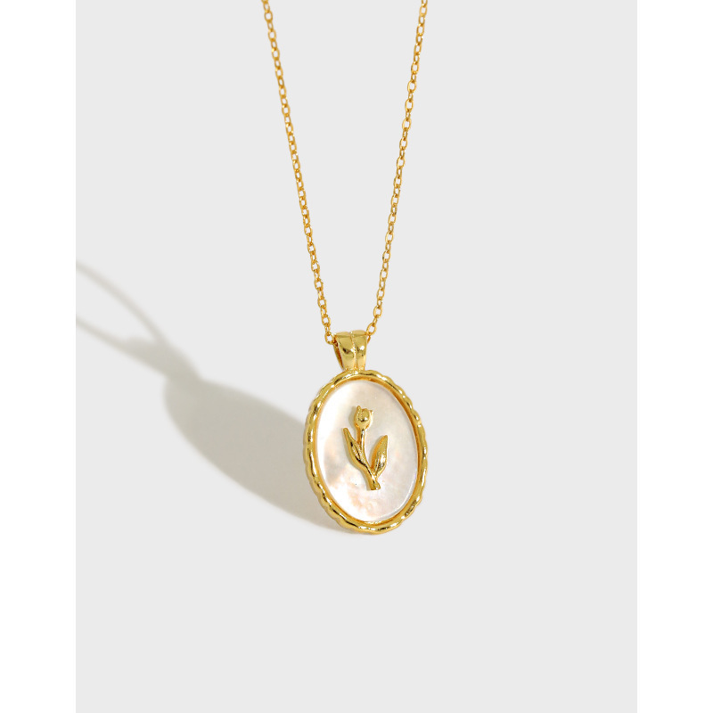 Tulip Oval Shell 925 Sterling Silver Necklace Mini Delicate Geometric Pendant Necklace