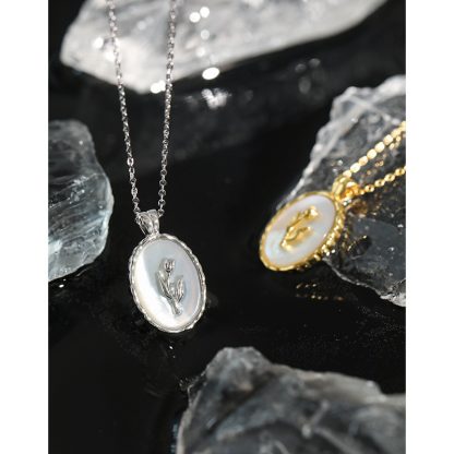 Tulip Oval Shell 925 Sterling Silver Necklace Mini Delicate Geometric Pendant Necklace