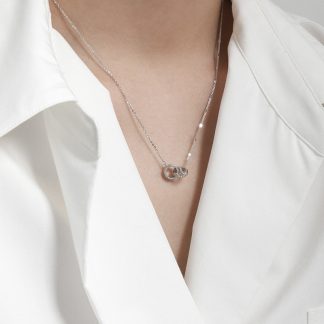 Geometric Double Interlocking Ring Cubic Zirconia S925 Sterling Silver Necklace