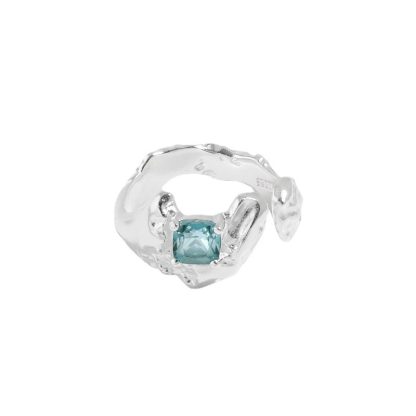 Geometric Design Blue Tourmaline Textured Adjustable S925 Sterling Silver Ring
