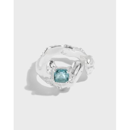 Geometric Design Blue Tourmaline Textured Adjustable S925 Sterling Silver Ring