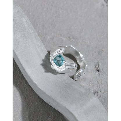 Geometric Design Blue Tourmaline Textured Adjustable S925 Sterling Silver Ring