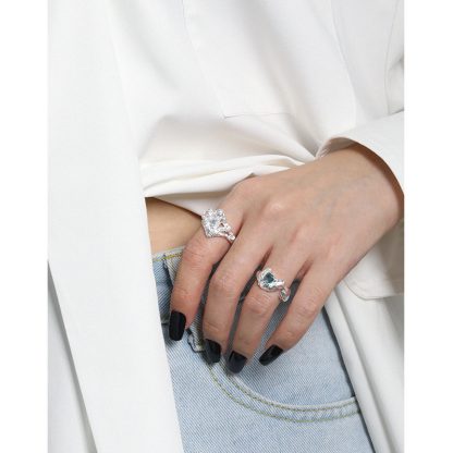 Geometric Design Blue Tourmaline Textured Adjustable S925 Sterling Silver Ring