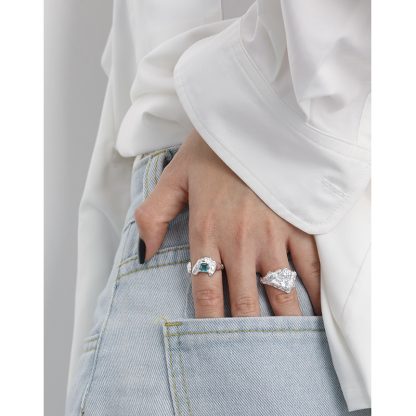 Geometric Design Blue Tourmaline Textured Adjustable S925 Sterling Silver Ring