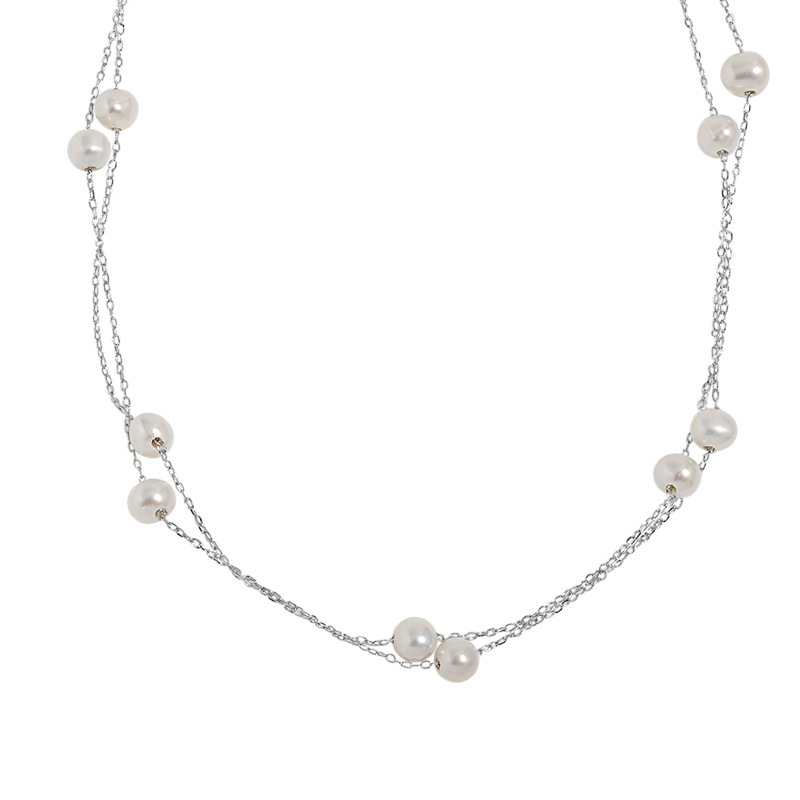 Double Layer Freshwater Pearl S925 Sterling Silver Geometric Chain Necklace