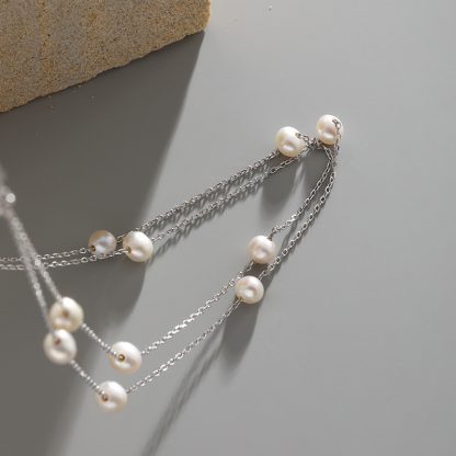 Double Layer Freshwater Pearl S925 Sterling Silver Geometric Chain Necklace