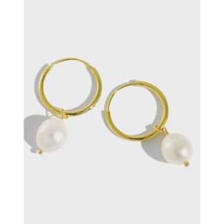 S925 pure silver INS simple temperament geometric Baroque freshwater pearl women’s earrings