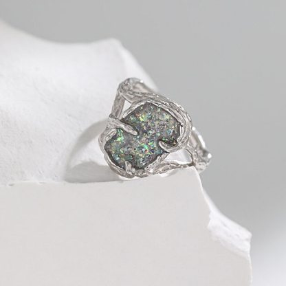 Fashion Irregular Epoxy Shining Lake Tree Branch 925 Sterling Silver Adjustable Ring
