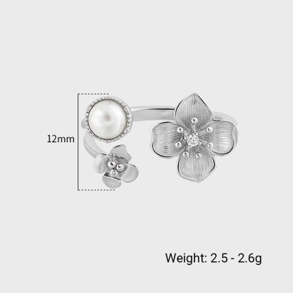 Lady Peach Blossom Flower Shell Pearl 925 Sterling Silver Adjustable Ring