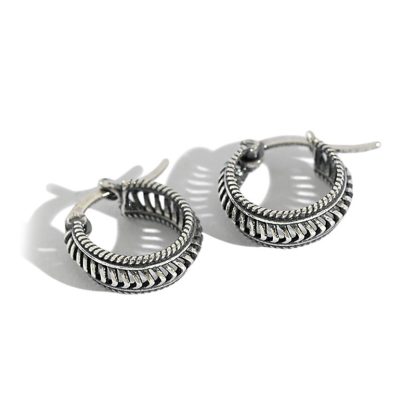 Vintage Twisted Rope Braided Antique Silver S925 Sterling Silver Huggie Hoop Earrings