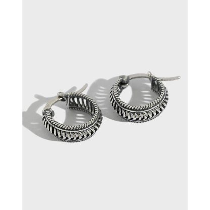 Vintage Twisted Rope Braided Antique Silver S925 Sterling Silver Huggie Hoop Earrings