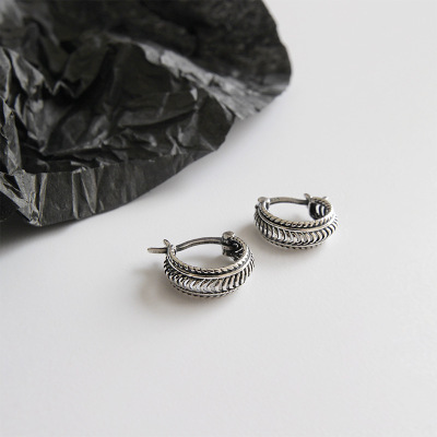 Vintage Twisted Rope Braided Antique Silver S925 Sterling Silver Huggie Hoop Earrings