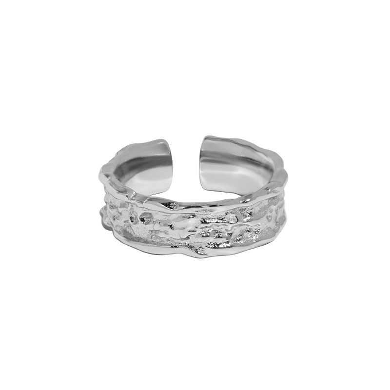 Pure Metal Irregular Hammered Textured Silver Color S925 Sterling Silver Open Adjustable Wide Band Ring