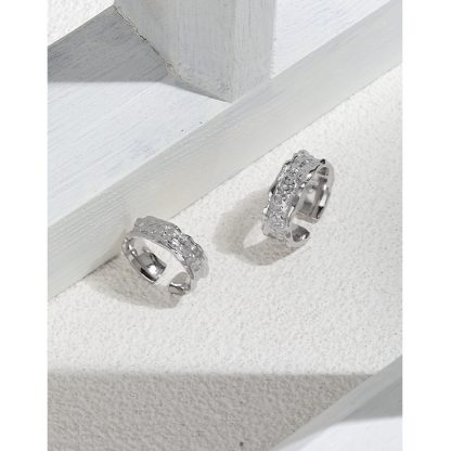 Pure Metal Irregular Hammered Textured Silver Color S925 Sterling Silver Open Adjustable Wide Band Ring