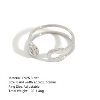 Geometric Safety Pin Paper Clip  925 Sterling Silver Adjustable Open Ring