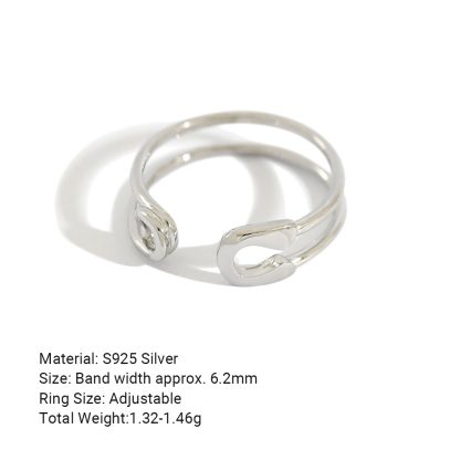 Geometric Safety Pin Paper Clip  925 Sterling Silver Adjustable Open Ring