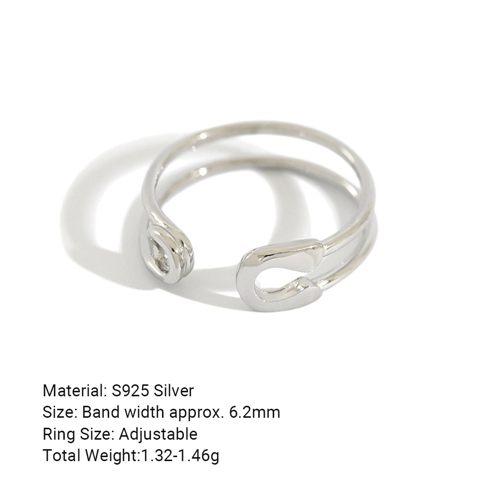 Geometric Safety Pin Paper Clip  925 Sterling Silver Adjustable Open Ring