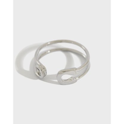 Geometric Safety Pin Paper Clip  925 Sterling Silver Adjustable Open Ring