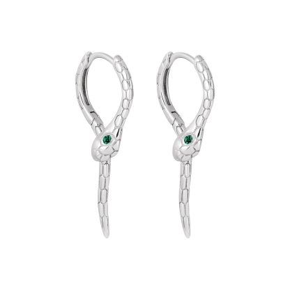 Modern Animal Gree CZ Eye Snake 925 Sterling Silver Leverback Dangling Earrings
