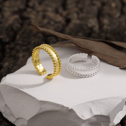 Casual Irrgular Beads Borders Wide 925 Sterling Silver Adjustable Ring