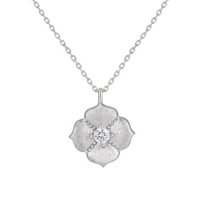 Cubic Zirconia Brushed Five Petal Flower 925 Sterling Silver Minimalist Collarbone Chain Necklace
