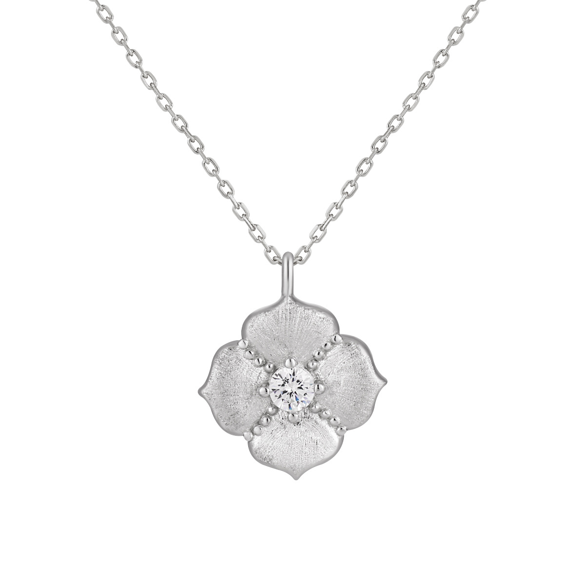 Cubic Zirconia Brushed Five Petal Flower 925 Sterling Silver Minimalist Collarbone Chain Necklace