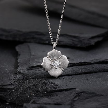 Cubic Zirconia Brushed Five Petal Flower 925 Sterling Silver Minimalist Collarbone Chain Necklace