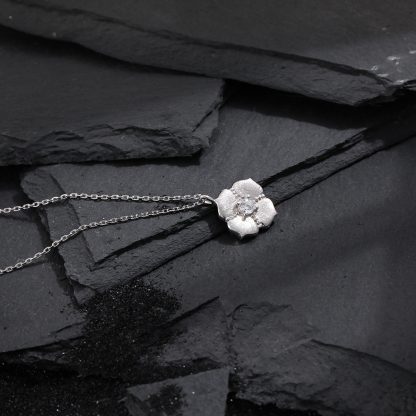 Cubic Zirconia Brushed Five Petal Flower 925 Sterling Silver Minimalist Collarbone Chain Necklace