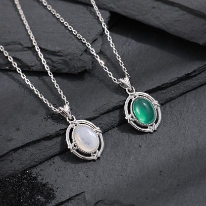 Elegant Geometric Oval Natural Moonstone and Green Agate 925 Sterling Silver Necklace for Women with Adjustable Chain