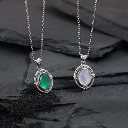 Elegant Geometric Oval Natural Moonstone and Green Agate 925 Sterling Silver Necklace for Women with Adjustable Chain