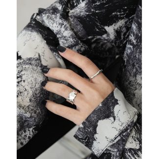 Pure Metal Irregular Textured Geometric Open Adjustable Ring In S925 Sterling Silver With Matte Wavy Wide Band Design For Women Modern Minimalist Fashion Statement Jewelry Gift