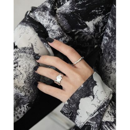 Pure Metal Irregular Textured Geometric Open Adjustable Ring In S925 Sterling Silver With Matte Wavy Wide Band Design For Women Modern Minimalist Fashion Statement Jewelry Gift