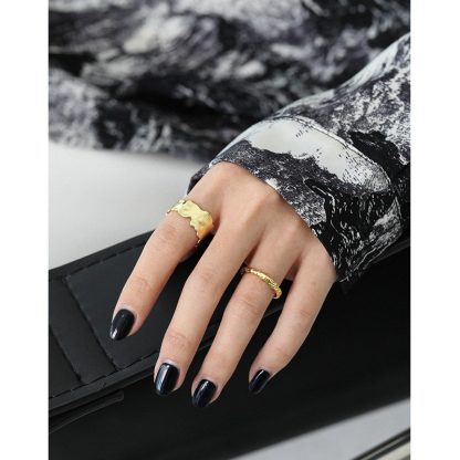 Pure Metal Irregular Textured Geometric Open Adjustable Ring In S925 Sterling Silver With Matte Wavy Wide Band Design For Women Modern Minimalist Fashion Statement Jewelry Gift