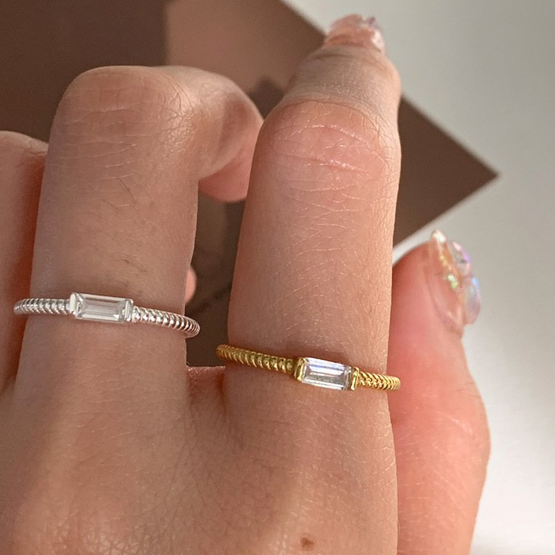 Simple Geometry Baguette CZ 925 Sterling Silver Twisted Adjustable Ring