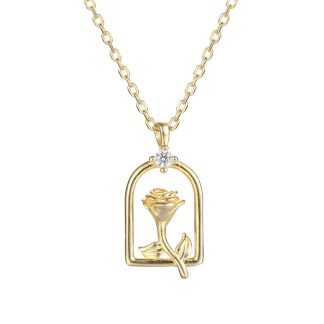 Hot Golden Rose Flower CZ 925 Sterling Silver Necklace