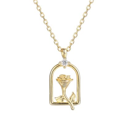 Hot Golden Rose Flower CZ 925 Sterling Silver Necklace