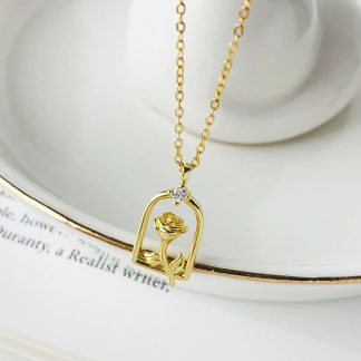 Hot Golden Rose Flower CZ 925 Sterling Silver Necklace
