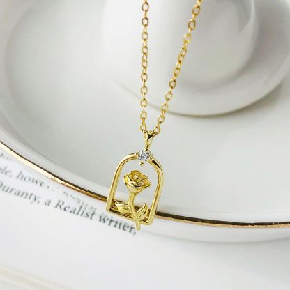 Hot Golden Rose Flower CZ 925 Sterling Silver Necklace