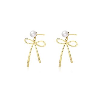 Sweet Hollow Bow-Knot Shell Pearls 925 Sterling Silver Dangling Earrings