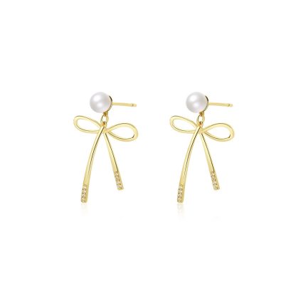 Sweet Hollow Bow-Knot Shell Pearls 925 Sterling Silver Dangling Earrings