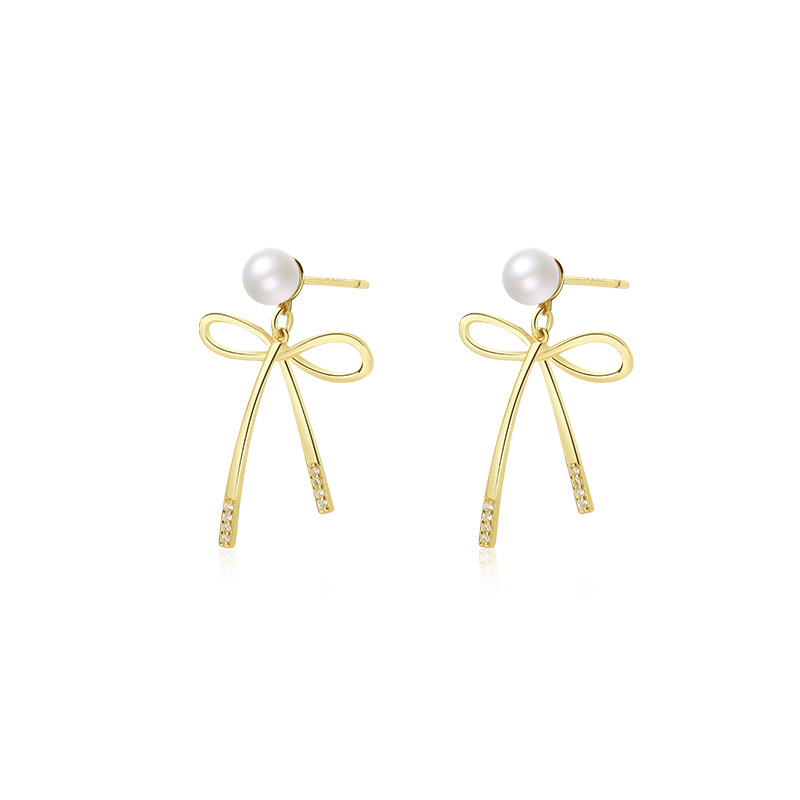 Sweet Hollow Bow-Knot Shell Pearls 925 Sterling Silver Dangling Earrings