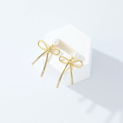 Sweet Hollow Bow-Knot Shell Pearls 925 Sterling Silver Dangling Earrings