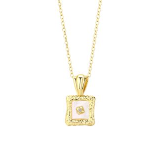 Lady Hammer Pattern Border Shell CZ Square 925 Sterling Silver Necklace
