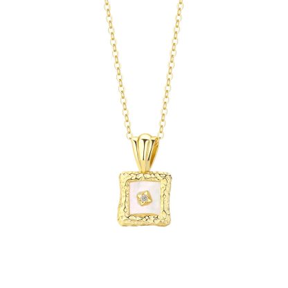 Lady Hammer Pattern Border Shell CZ Square 925 Sterling Silver Necklace