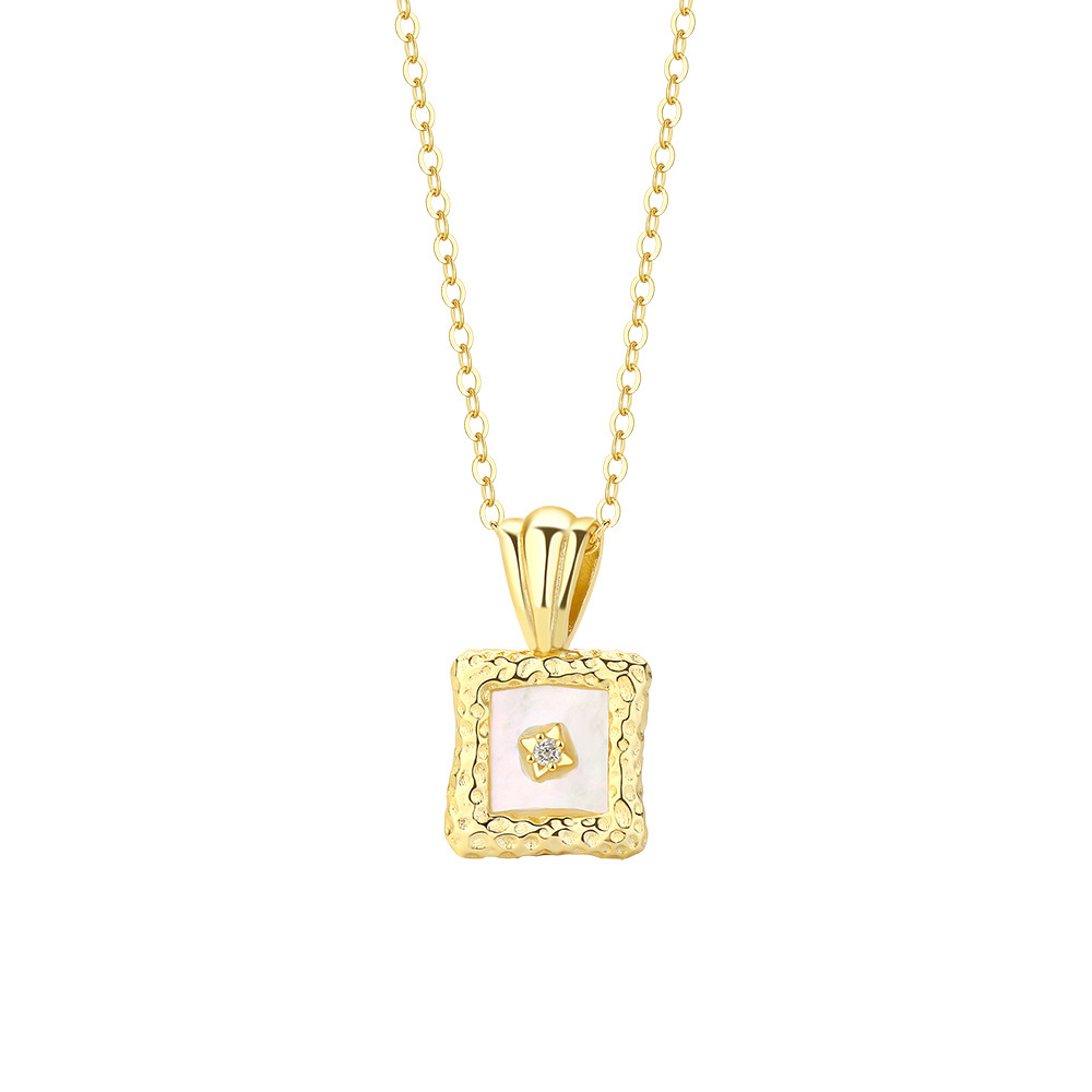 Lady Hammer Pattern Border Shell CZ Square 925 Sterling Silver Necklace
