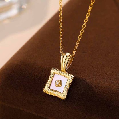 Lady Hammer Pattern Border Shell CZ Square 925 Sterling Silver Necklace