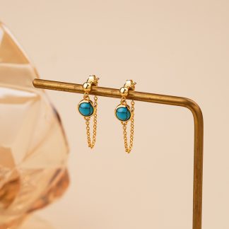 Women Round Turquoise 925 Sterling Silver Tassels Chain Leverback Earrings