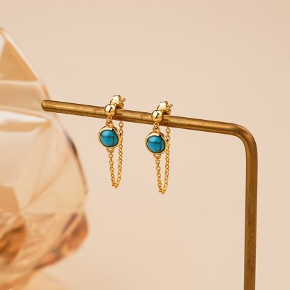 Women Round Turquoise 925 Sterling Silver Tassels Chain Leverback Earrings